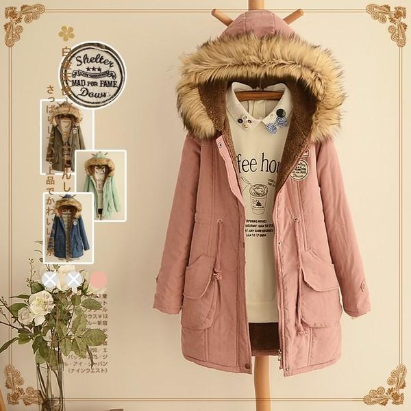 

women's trench coats japanese autumn and winter student plus velvet thick hooded medium long section flocking clothing cotton coat, Tan;black
