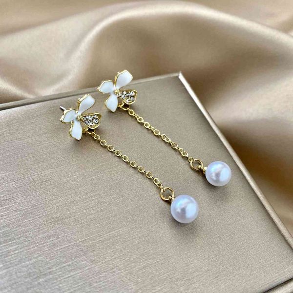 

925 silver needle white petal tassel pearl earrings new long earrings with diamond