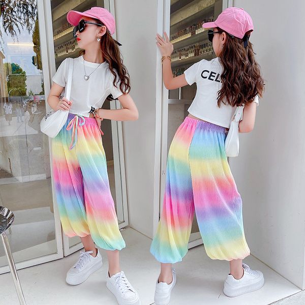 

baby girls rainbow strip mosquito pants summer baby thin casual western-style bloomers medium and large childrens sweatpants, Blue