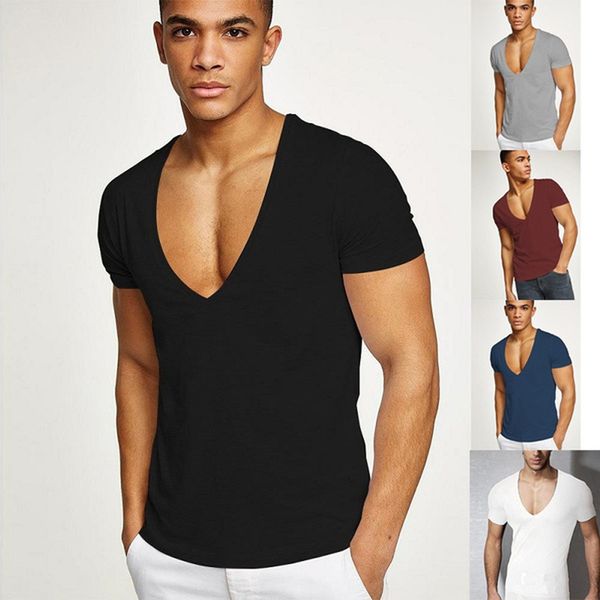 

t shirts men deep v neck short sleeve tshirts summer streetwear casual solid slim polyester tees gym fitness boxing t shirt, White;black