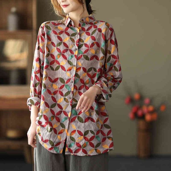 

women's blouses & shirts women cotton linen vintage spring long sleeve turn-down collar 2021 new print floral button female o, White