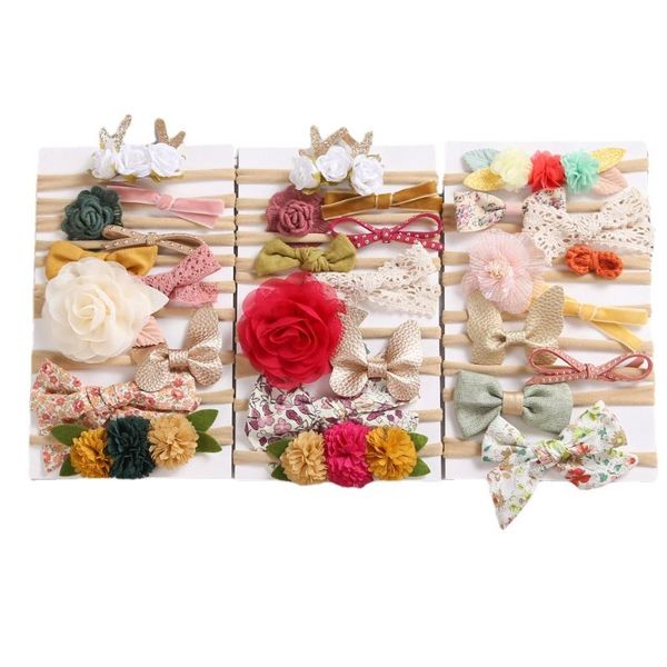 

hair accessories 15 sets/lot baby flower nylon headband chiifon leather lace bowknot hairbands infant boys girls headwear fashion born gifts, Slivery;white
