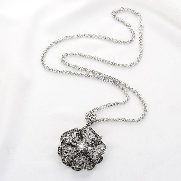

vintage flower long pendant necklace women fashion jewelry wholesale sweater necklaces christmas gifts, Silver