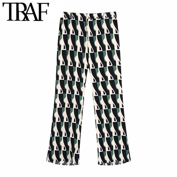 

traf women fashion side pockets printed flared pants vintage high elastic waist zipper fly female trousers mujer 211124, Black;white