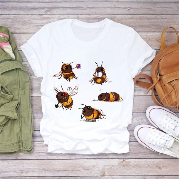 

bee busy day coffee womens t shirt cartoon printing kawaii 90s graphic ladies print lady female tee, White