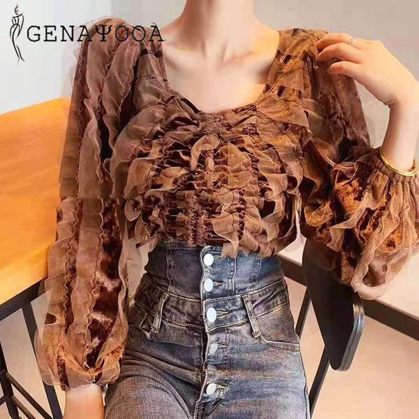 

genayooa vintage velvet womens and blouses ladies blusas korean lace patchwork elegant blouse women streetwear spring shirt 210417, White