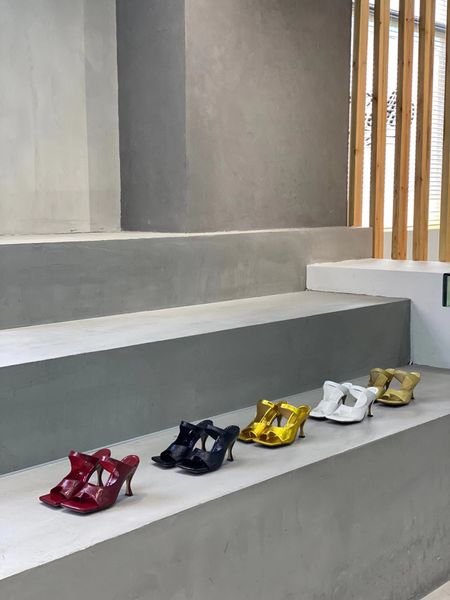 

2022030701y 34/40/41 square toe heels slides sandals strap genuine leather lambskin casual summer yellow black white gold burgundy s