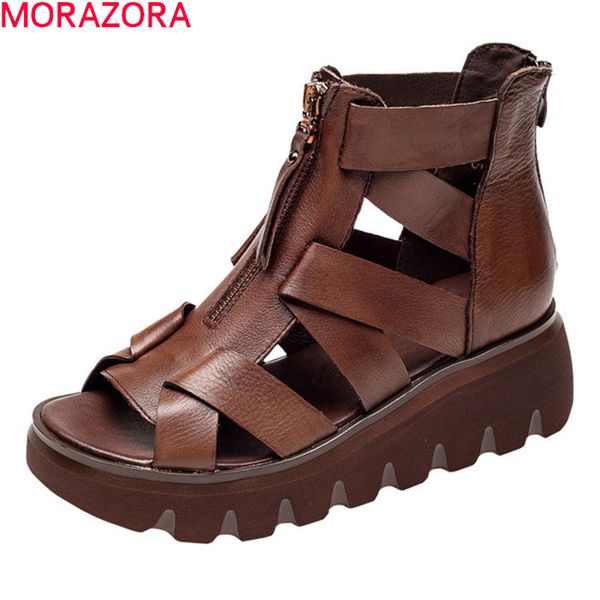 

morazora genuine leather sandals comfortable flat heel platform ladies casual shoes summer with zip women sandals 210506, Black