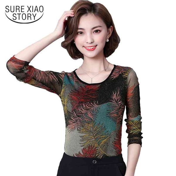 Sonbahar Kore Moda Ince İnce Net Iplik Baskı Astar Gömlek Uzun Kollu O Boyun Dantel Kadın Bluz Top 606H 30 210415