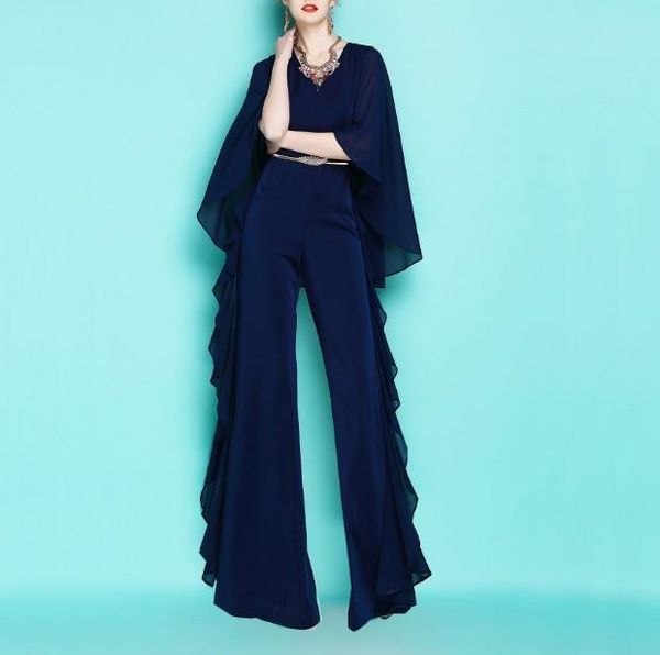

women's jumpsuits & rompers 2021 fashion summer chiffon ruffled blue shawl slim jumpsuit ladies pure color wide leg pants, Black;white