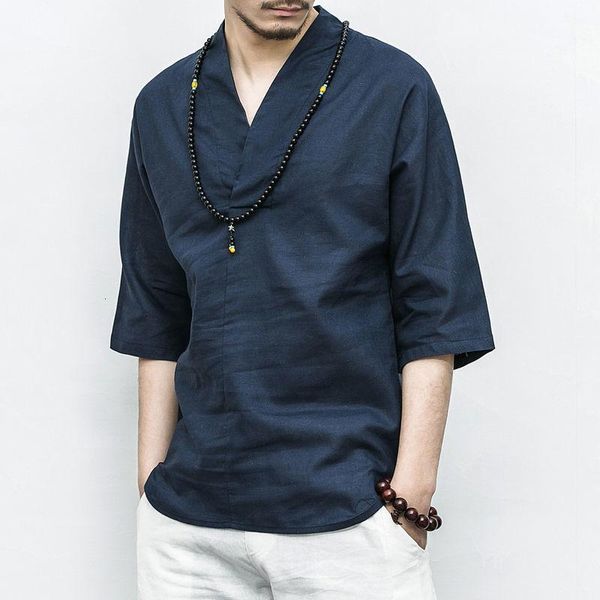 

mrgb summer men's t-shirts chinese style cotton male v-neck loose casual men t shirts solid color clothes for man, White;black