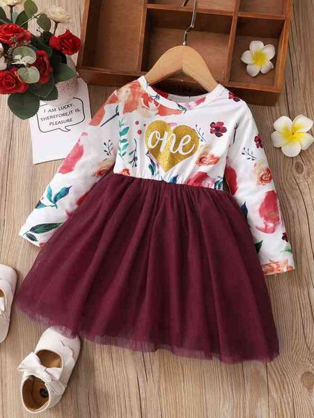 

baby letter & floral print mesh overlay dress she, Red;yellow