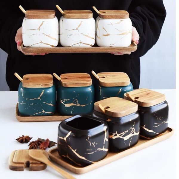 

storage bottles & jars kitchen accessories creative nordic style marble pattern ceramic seasoning tank set wooden cover salt shaker spice ja