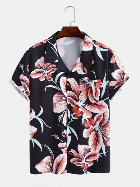 

men random floral print patched pocket shirt 39nx#, White;black