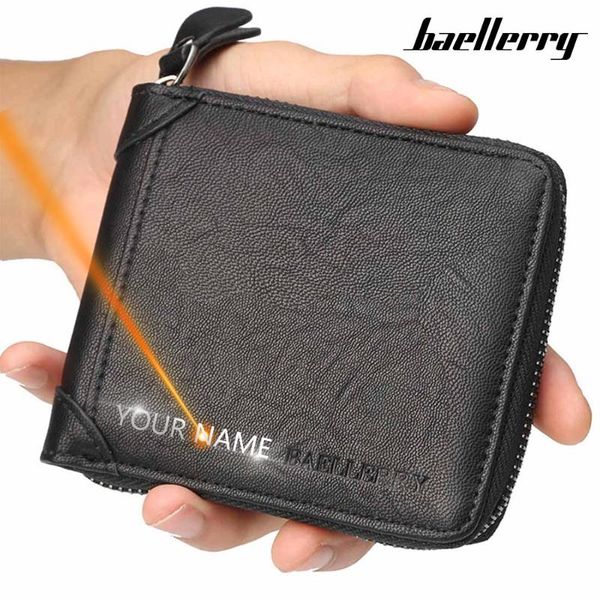 

wallets 2021 men name engraving zipper short pu leather card holder male purse coin wallet carteria, Red;black