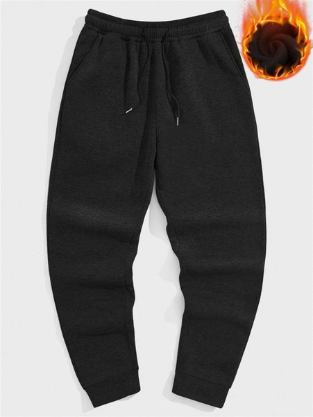 

men solid drawstring slant pocket thermal sweatpants 727m#, Black