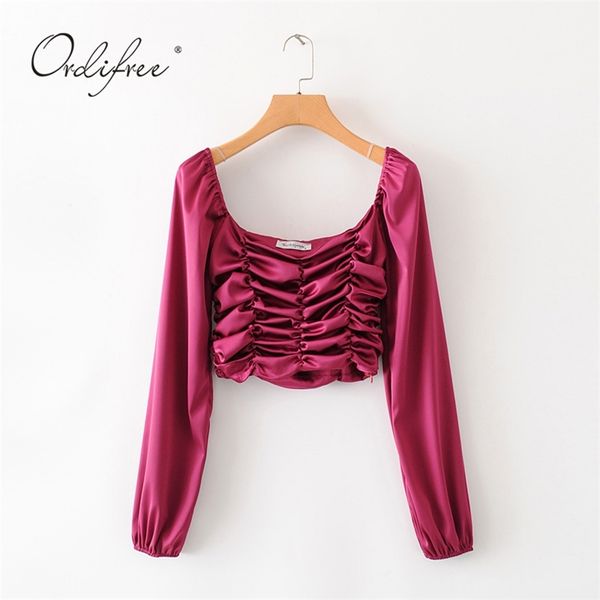 

summer women satin blouse long sleeve short silk shirt 210513, White