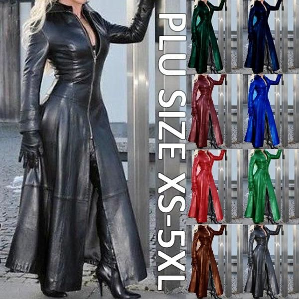 

women's trench coats women fashion long leather jacket casual autumn winter plus size zipper pu soft lapel coat, Tan;black