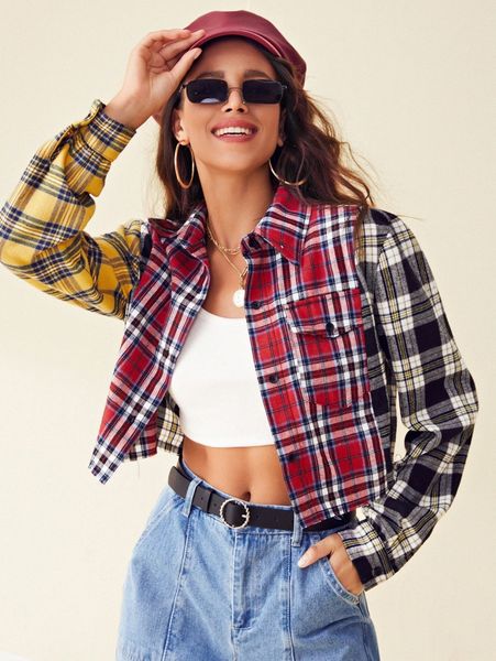 

button front flap pocket tartan blouse c7tn#, White