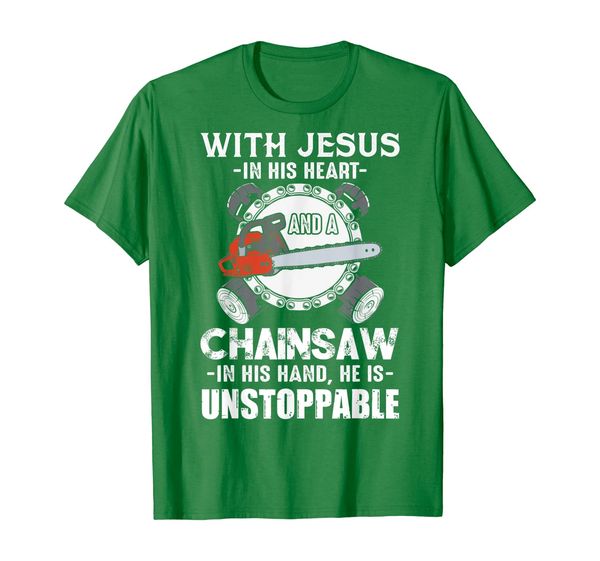 

with jesus in his heart chainsaw in his hand chainsaw shirt, White;black
