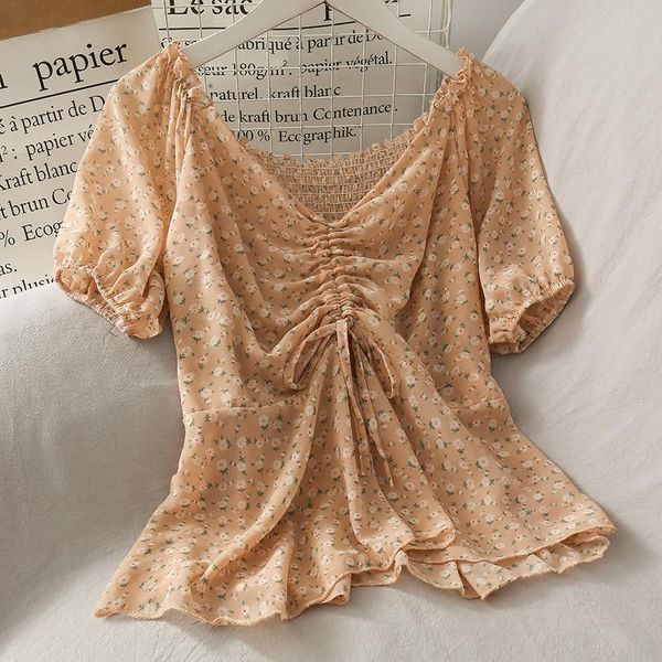 

women's blouses & shirts rugod 2021 arrivals summer blouse shirt v-neck floral print puff sleeved pleasted drawstring blusas sweet gril, White