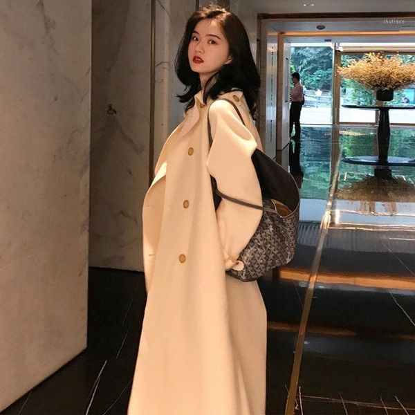 

women's wool & blends 2021 autumn winter solid long coat outerwear ladies korean fashion sleeve jacket female loose warm l988, Black