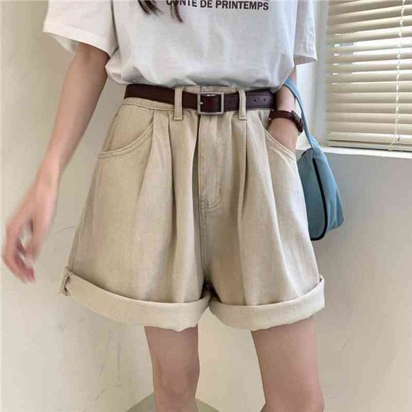 

summer high waist denim loose women shorts wide leg jeans curl edge, White;black