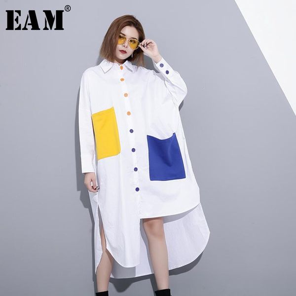 

casual dresses [eam] women white pocket split big size dress lapel long sleeve loose fit fashion tide spring autumn 2021 1y70401, Black;gray