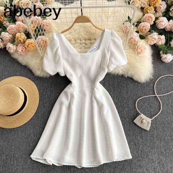 

women dress korean puff sleeve square collar a line party es summer white short 210512, Black;gray
