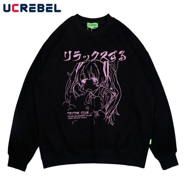 

men's hoodies & sweatshirts cartoon portrait print fleece mens streetwear autumn simple casual loose long sleeve crew neck pullove men, Black