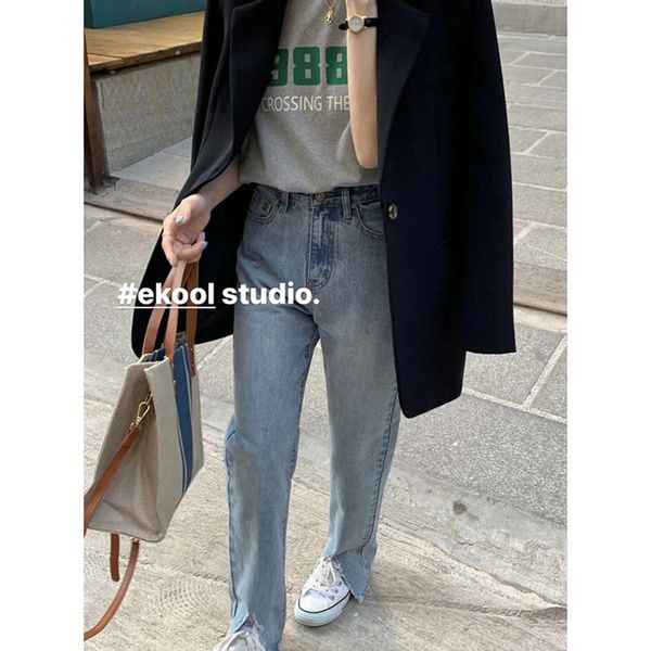 

high waist leg women's autumn version slim split burr long pants, Blue