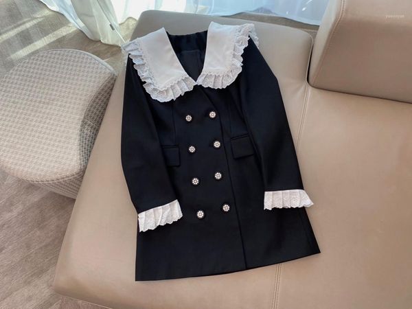 

ladies fashion long sleeve contrast navy double breasted dress 1231, Black;gray