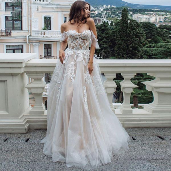 

sweetheart bridal gowns a line wedding dresses off shoulder champagne liner tulle appliques sleeveless womens formal 2022, White