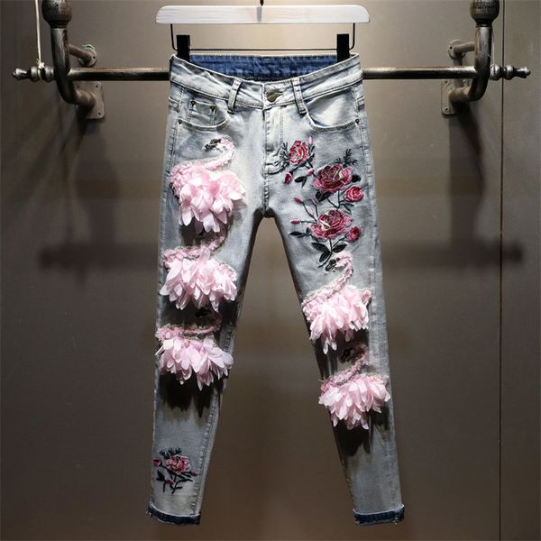 

women's jeans european style women 2021 spring autumn swan embroidered cowboy female students denim pencil trousers skinny baqn, Blue