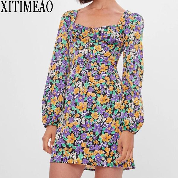 

casual dresses 2021 vintage floral print square neck beach a-line dress slim women mini vestido back bandage sexy, Black;gray