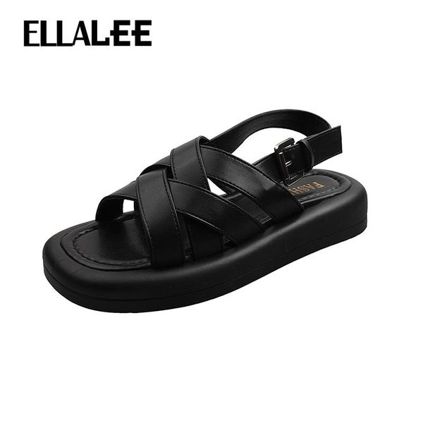 

dress shoes ellalee sandals women retro y2k style cross-tied punk shallow buckle strap female wedges casual modern summer woman, Black