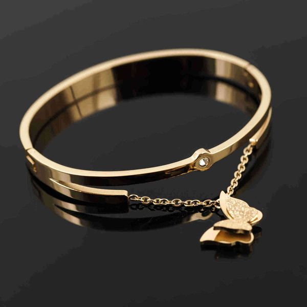 

luxury butterfly with chain bangles bracelets for women girls fashion stainless steel crystal cuff bangle women's jewelry gifts, Golden;silver