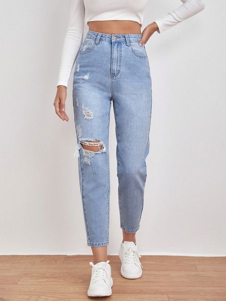 

high waist light washed ripped jeans j48o#, Blue
