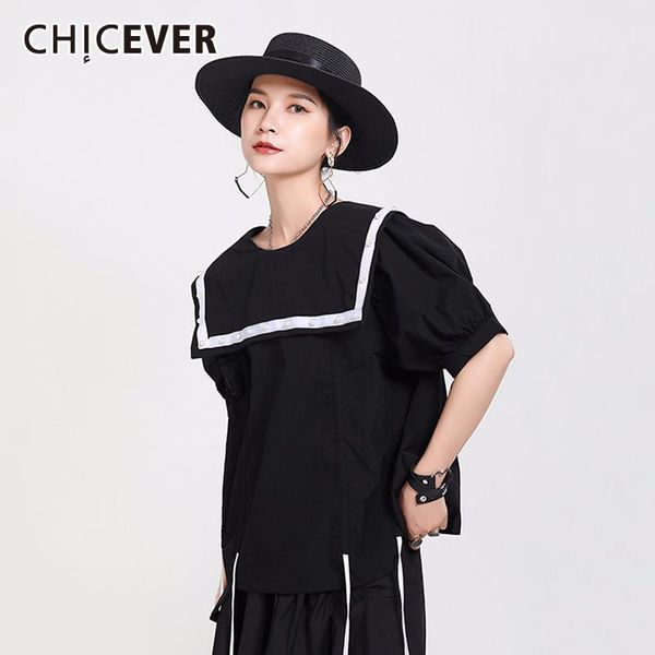 

women's blouses & shirts chicever drawstring lace up women sailor collar short sleeve asymmetric ruched blouse female summer 2021 casua, White