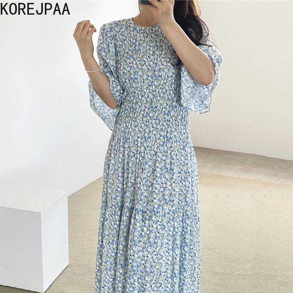 

korejpaa women dress summer korean chic fresh floral print round neck pleated waist slim five-point flared sleeve vestidos 210526, Black;gray