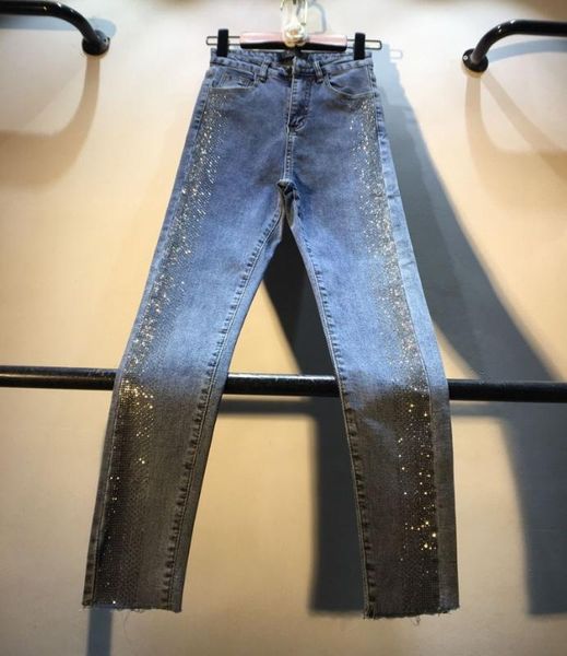 

women's jeans european spring and autumn heavy drilling high waist denim pants women slim stretch trousers zdjc, Blue