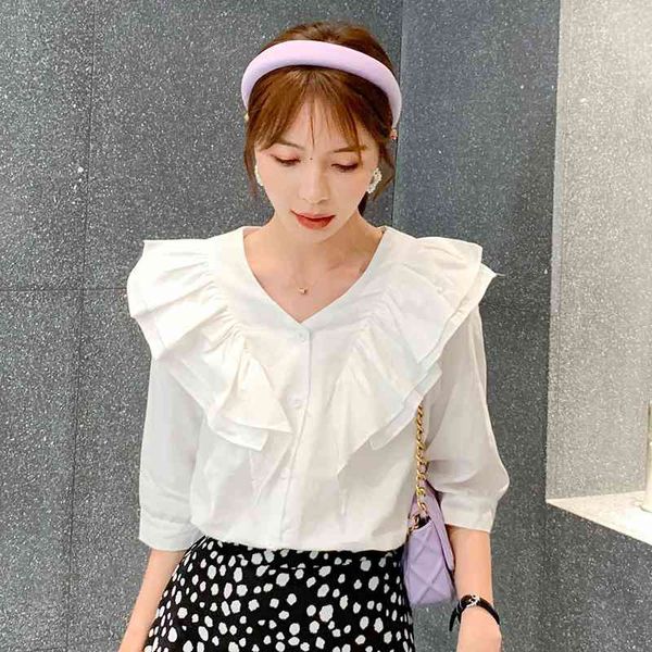 

korean v-neck summer elegant camisas mujer splicing ruffled buttoned blouses shirt female womens clothing blusas 58a 210420, White