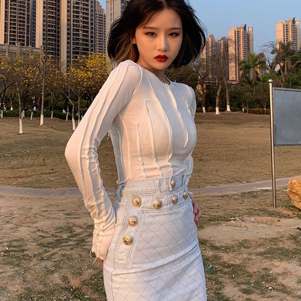 

deat women light blue high waist straight buttocks skirt buttons slim fashion spring summer 11b133 210709, Black