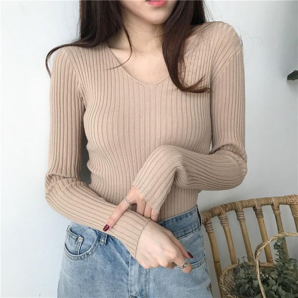 

autumn winter women's sweaters slim v-neck knitted stretch close-fitting long-sleeved bottoming pullover women clothing, White;black