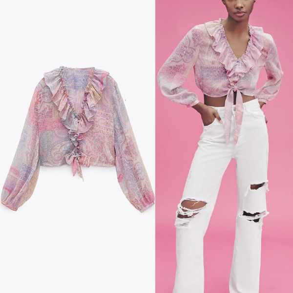 

blouses blouses retro paisley print cropped blouse woman long sleeve ruffle summer female fashion knot chiffon shirt, White