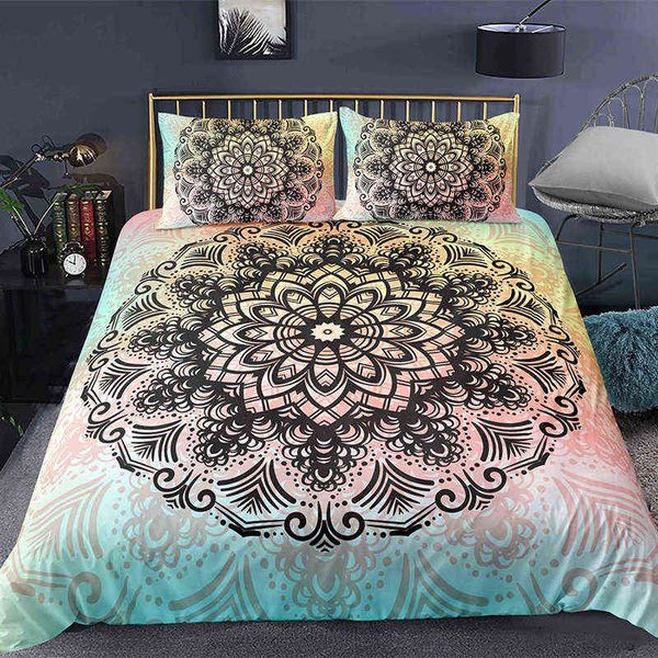 Böhmisches 2/3-teiliges Mandala-Bettwäsche-Set, Einzelbett, Doppelbett, Queen-Size-Bett, Bettdecke, Bettbezug und Kissenbezug, weiche Bettwäsche 210615