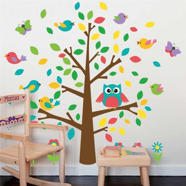 Bonitos Corujas Aves Árvore Adesivos de Parede Kids Playroom Decoração dos Desenhos Animados Dos Desenhos Animados Bebê Decalques 1015. Animal Mural Art 4.0 210420