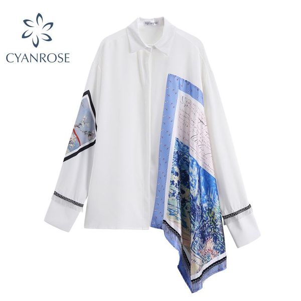 

women vintage pattern printed casual smock blouse 2021 autumn designer korean fashion elegant loose sleeve female shirt women's blouses, White