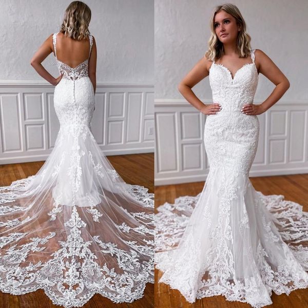 

gorgeous lace mermaid wedding dresses bride gown 2021 spaghetti straps applique sweep train covered buttons custom made plus size vestido de, White