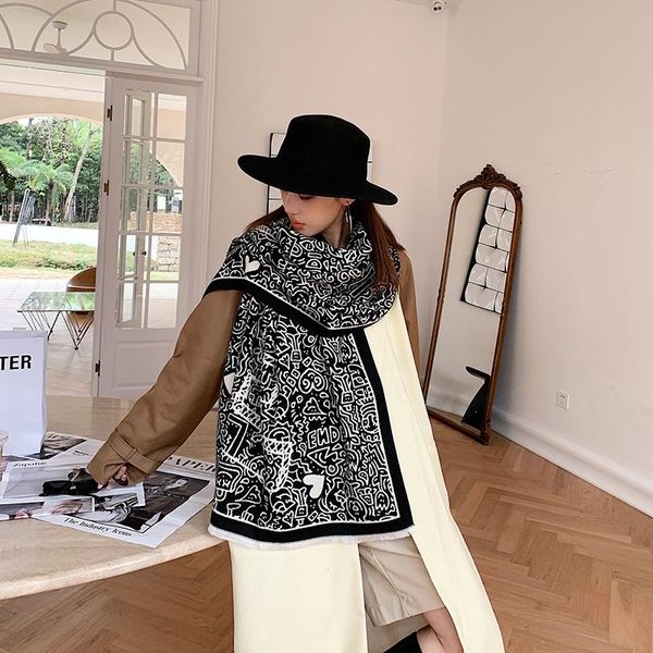

scarves 2021 double-sided scarf women winter warm cashmere shawl letter printing soft thin blanket holiday gift, Blue;gray